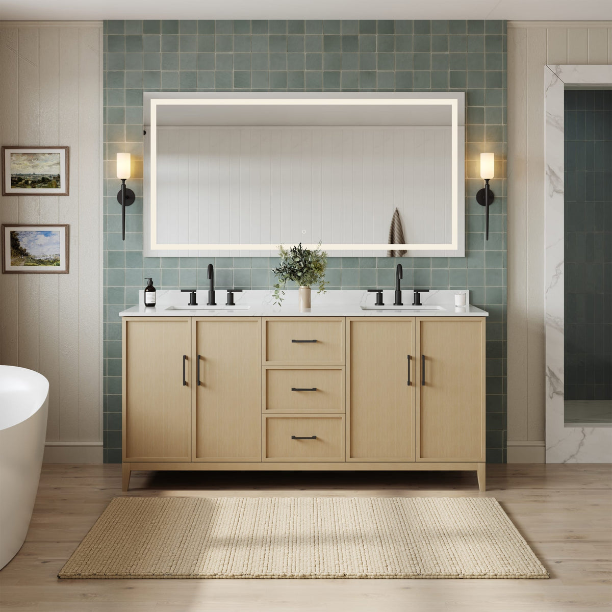 Elan Bathroom Vanity with Countertop 72 inch Double Sink 3-hole Faucet Setup