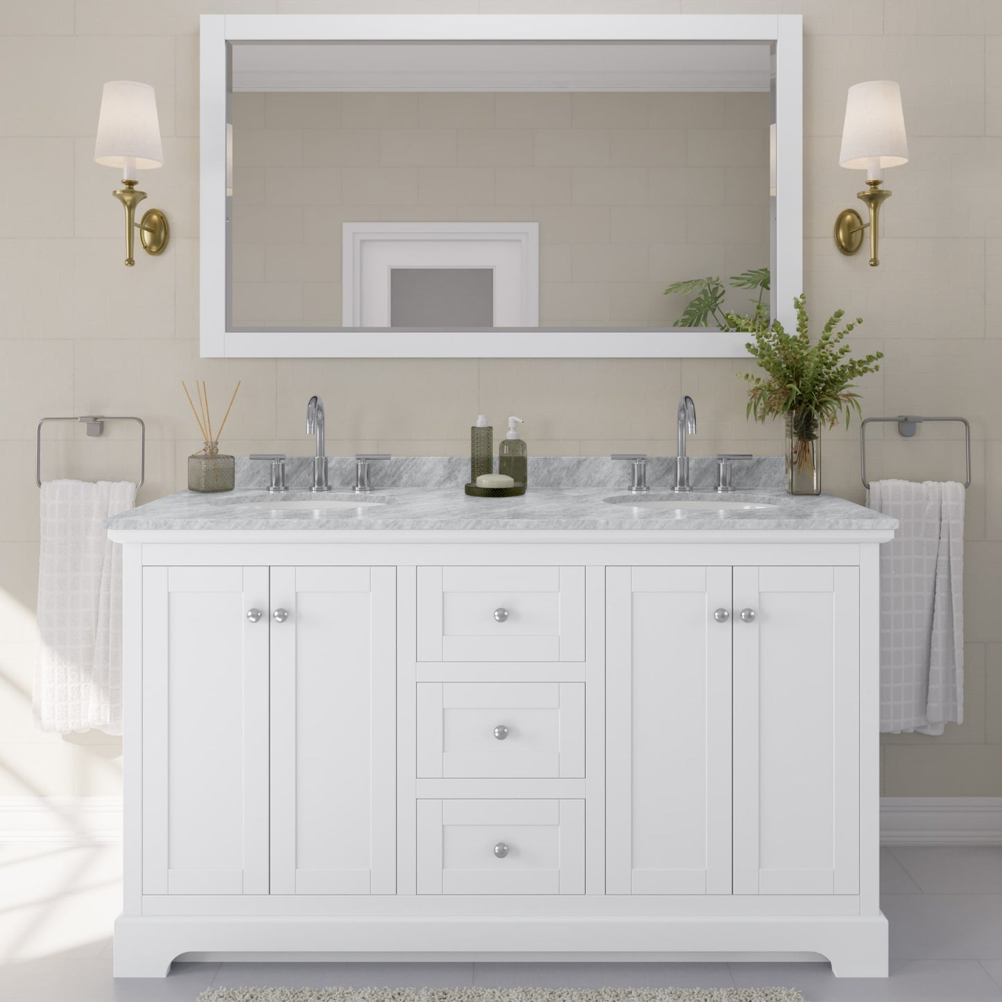 Avery Bathroom Vanity with Countertop 60 inch Double Sink 3-hole Faucet Setup
