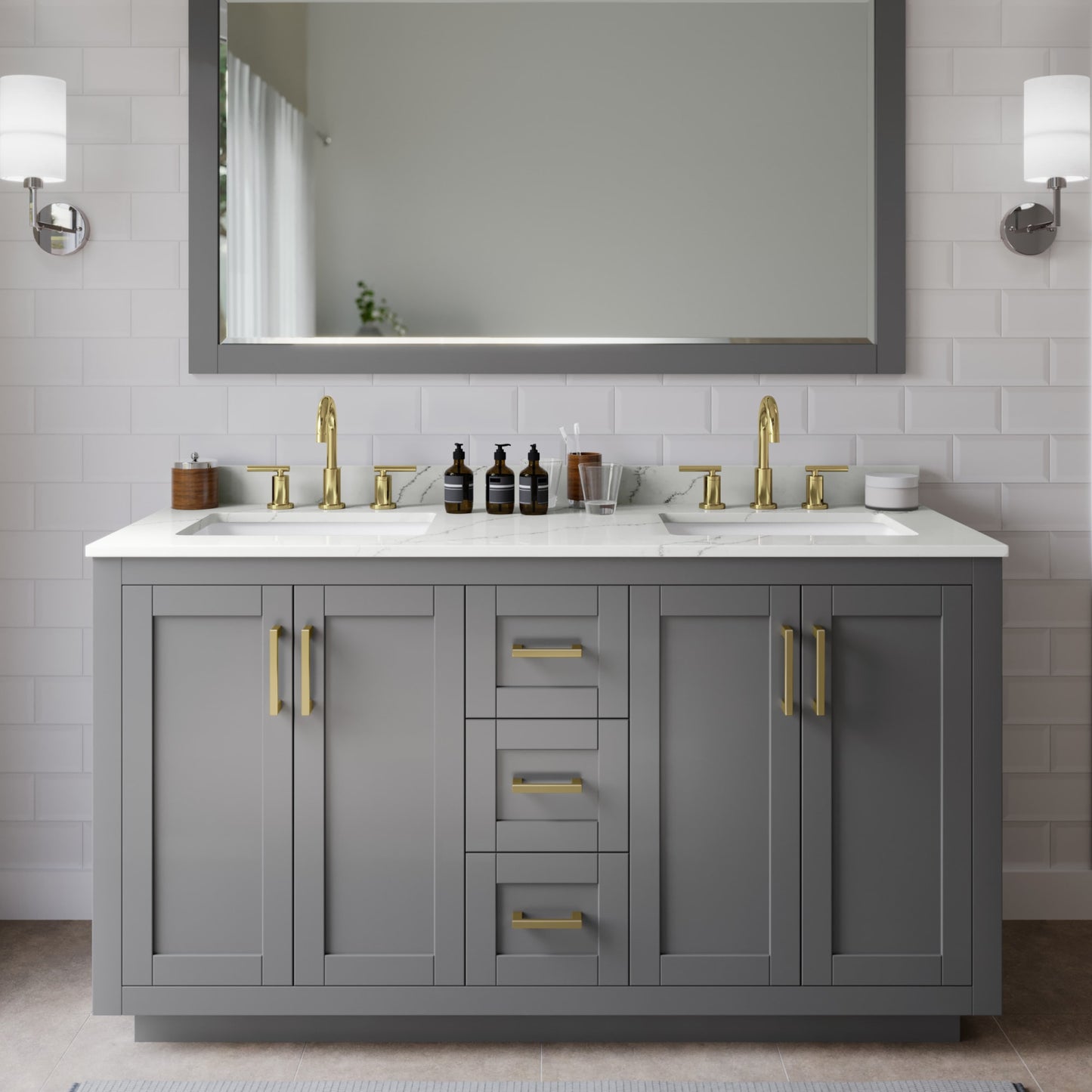 Miranda Bathroom Vanity with Countertop 60 inch Double Sink 3-hole Faucet Setup