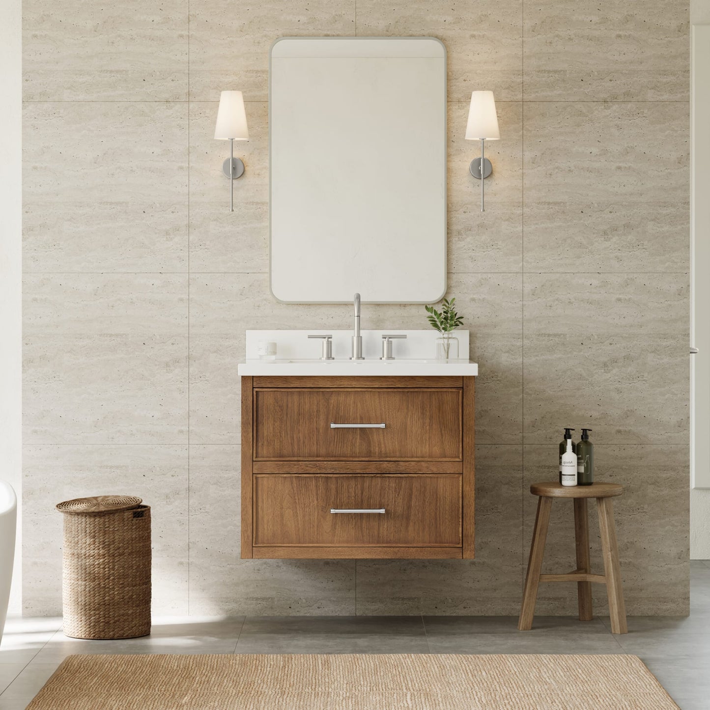 Isola WM Wall Mounted Bathroom Vanity with Countertop 30 inch Single Sink 3-hole Faucet Setup