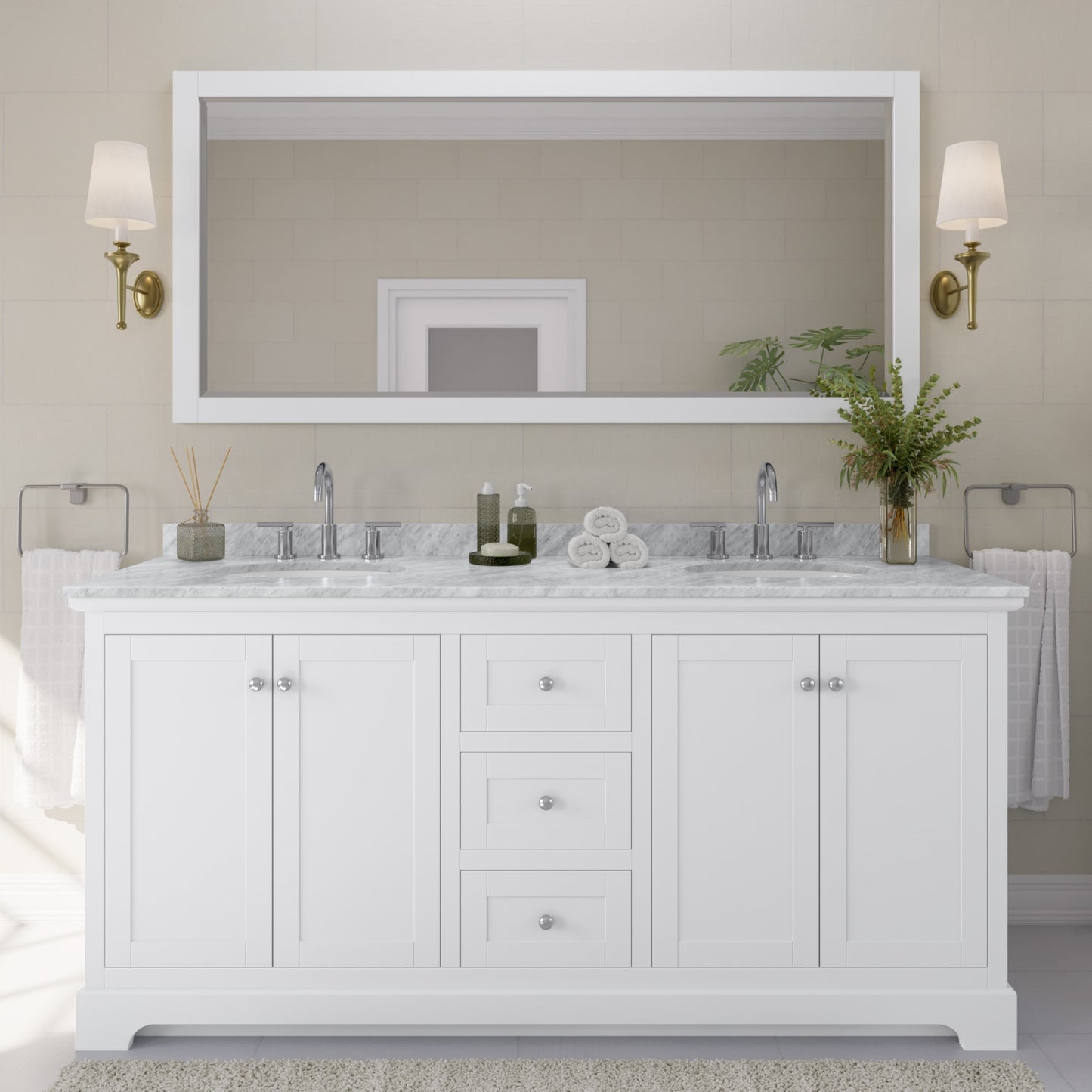 Avery Bathroom Vanity with Countertop 72 inch Double Sink 3-hole Faucet Setup