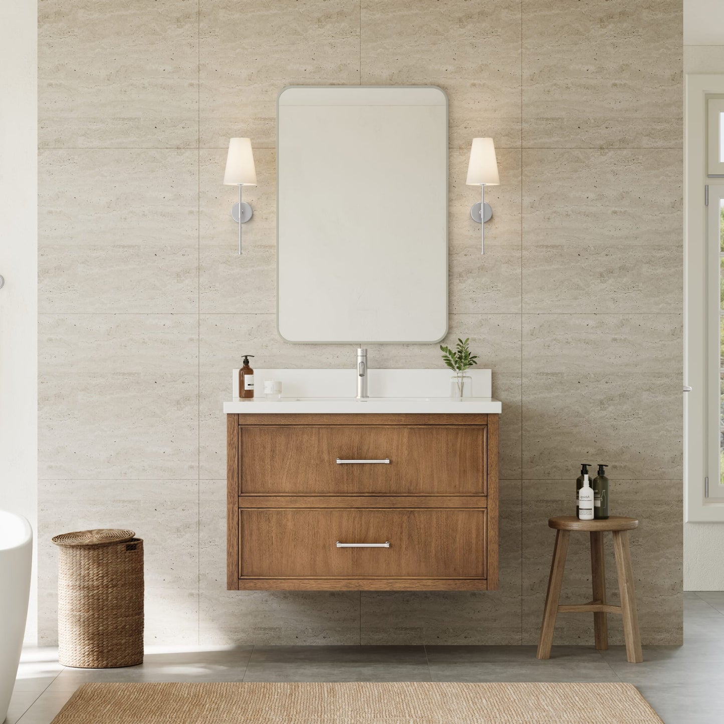 Isola WM Wall Mounted Bathroom Vanity with Countertop 36 inch Single Sink Single hole Faucet Setup