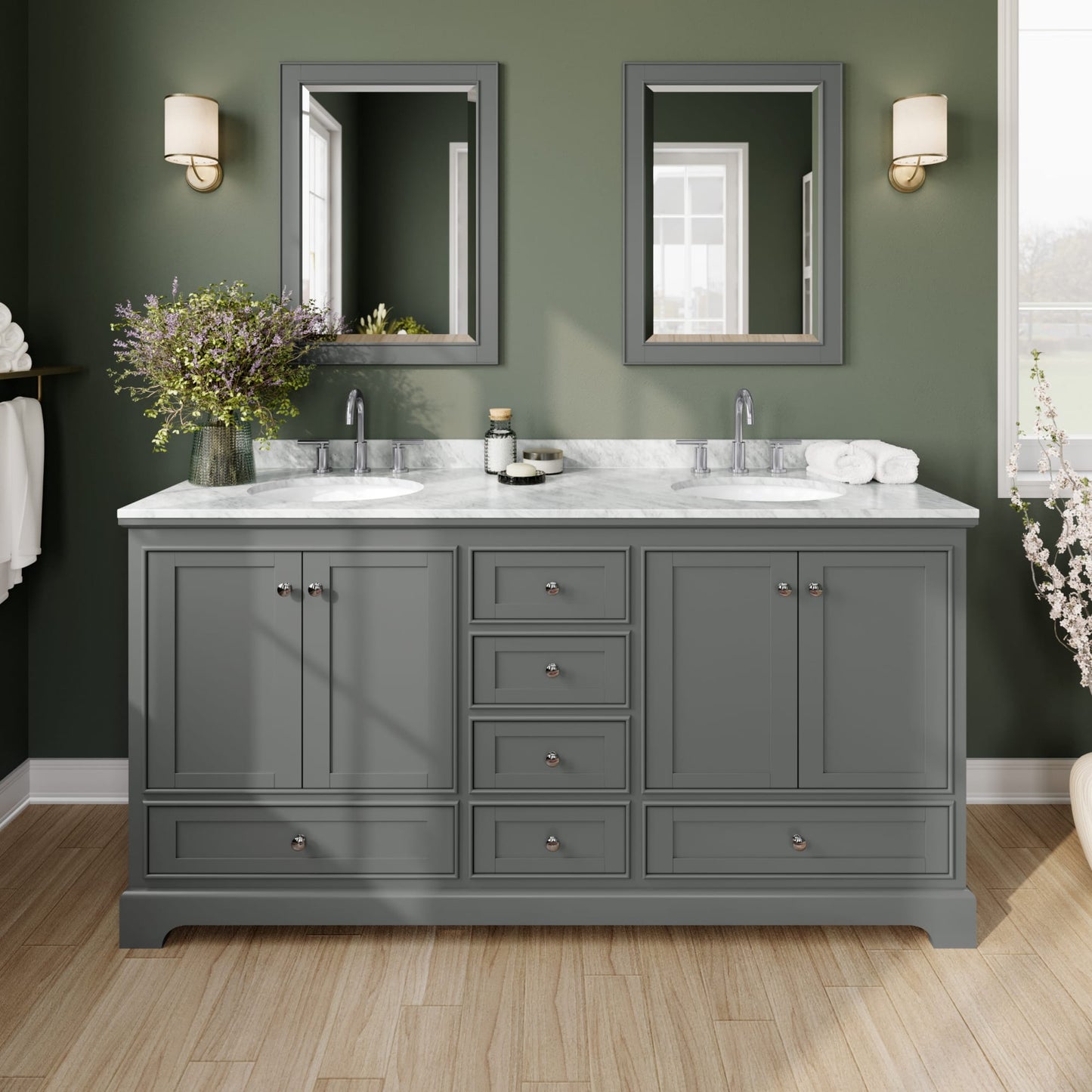 Deborah Bathroom Vanity with Countertop 72 inch Double Sink 3-hole Faucet Setup