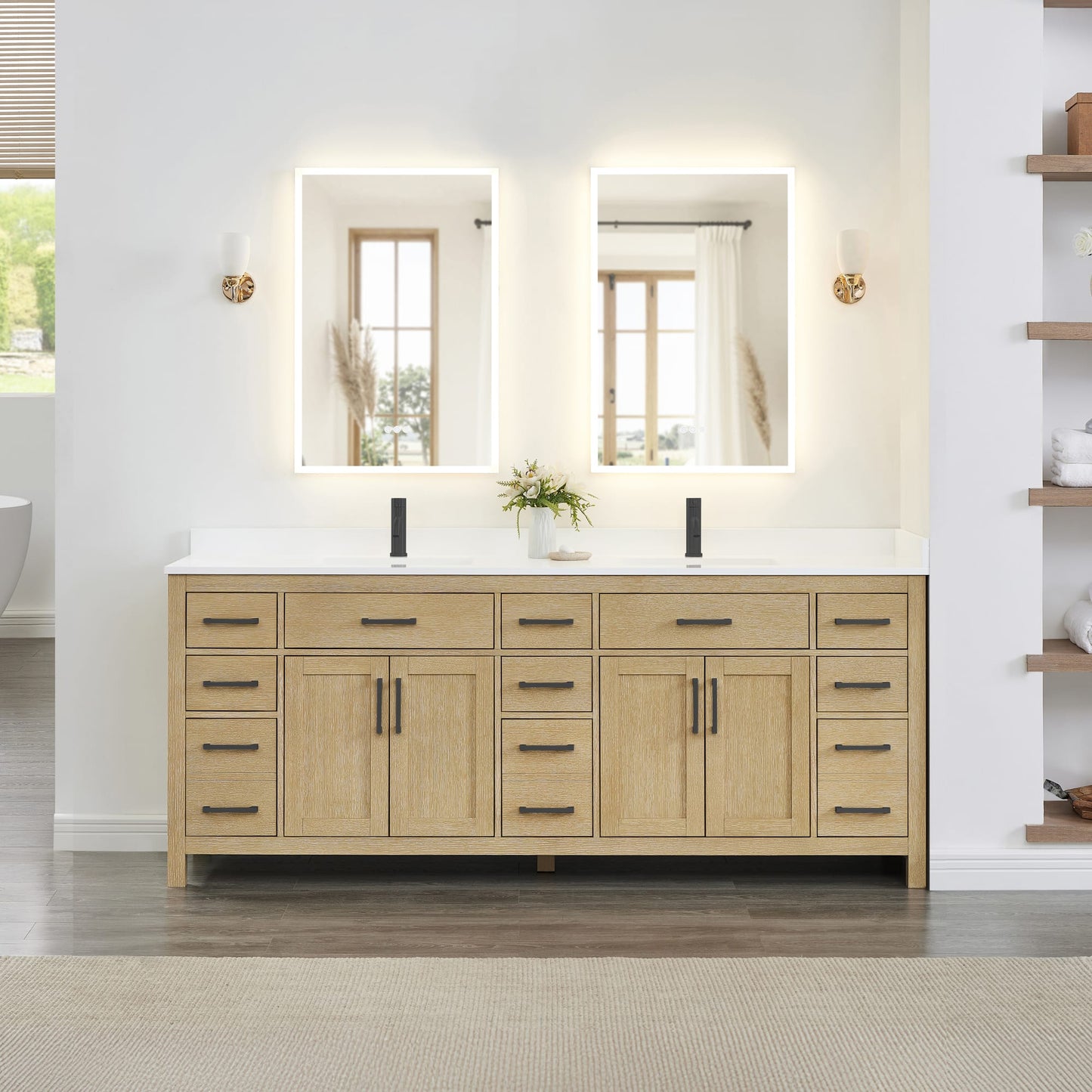Beckett Bathroom Vanity with Countertop 84 inch Double Sink Single hole Faucet Setup