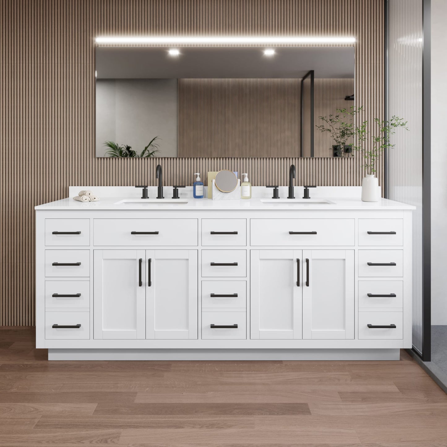 Beckett TK Bathroom Vanity with Countertop 84 inch Double Sink 3-hole Faucet Setup