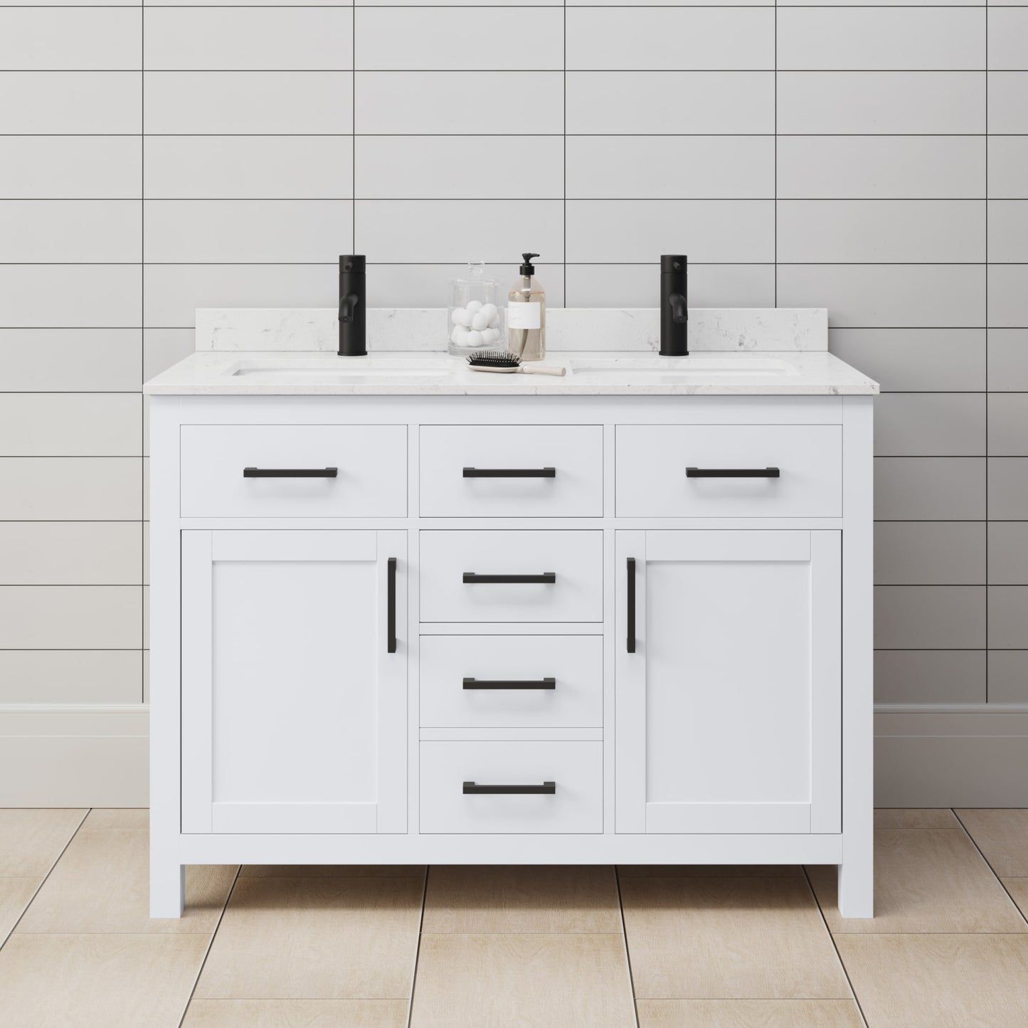 Beckett Bathroom Vanity with Countertop 48 inch Double Sink Single hole Faucet Setup