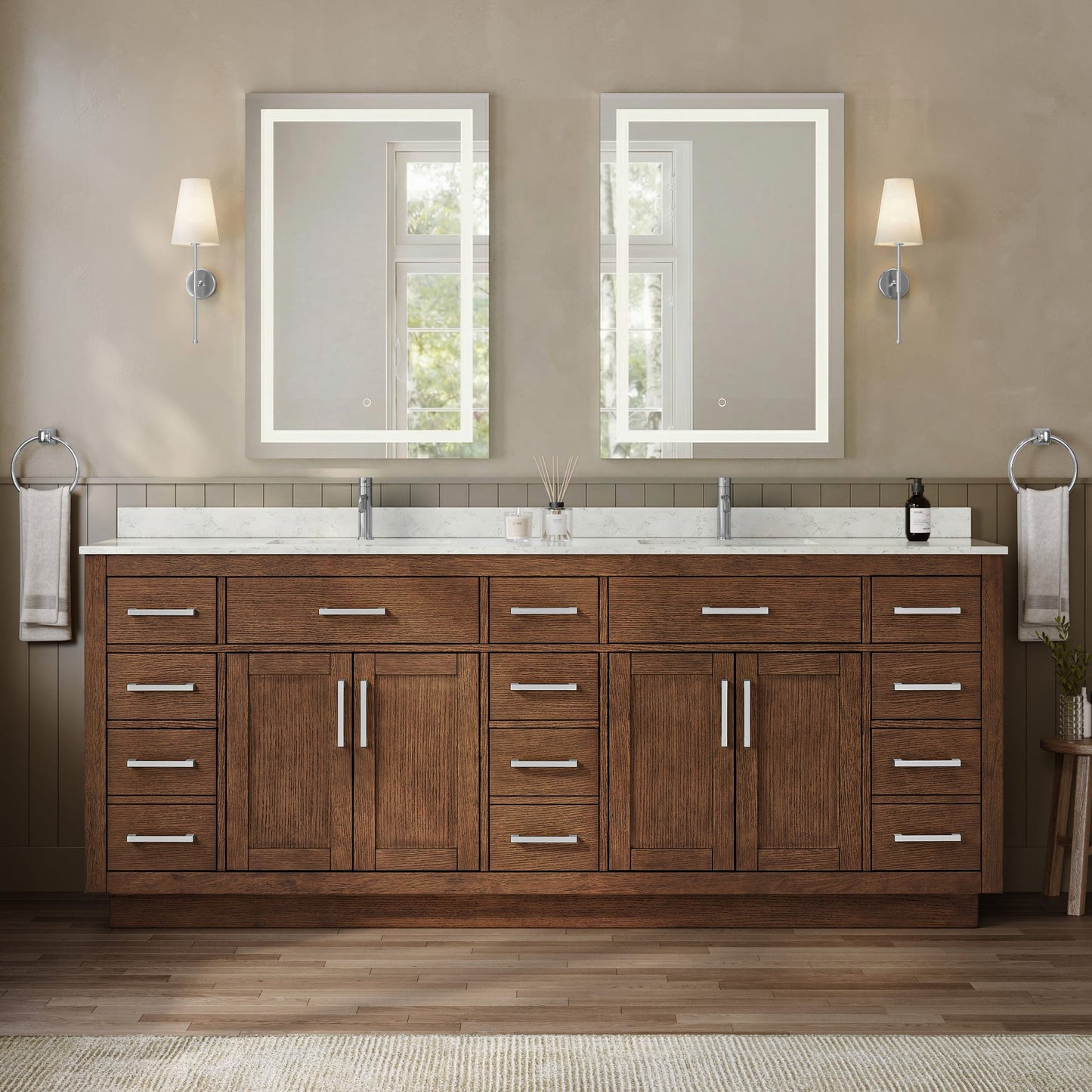 Beckett TK Bathroom Vanity with Countertop 84 inch Double Sink Single hole Faucet Setup