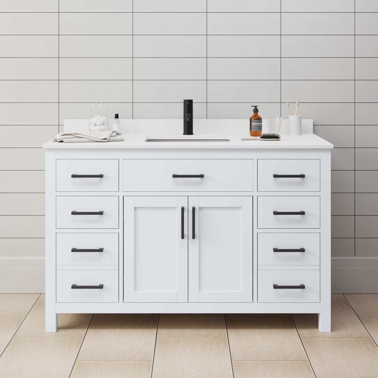 Beckett Bathroom Vanity with Countertop 54 inch Single Sink Single hole Faucet Setup