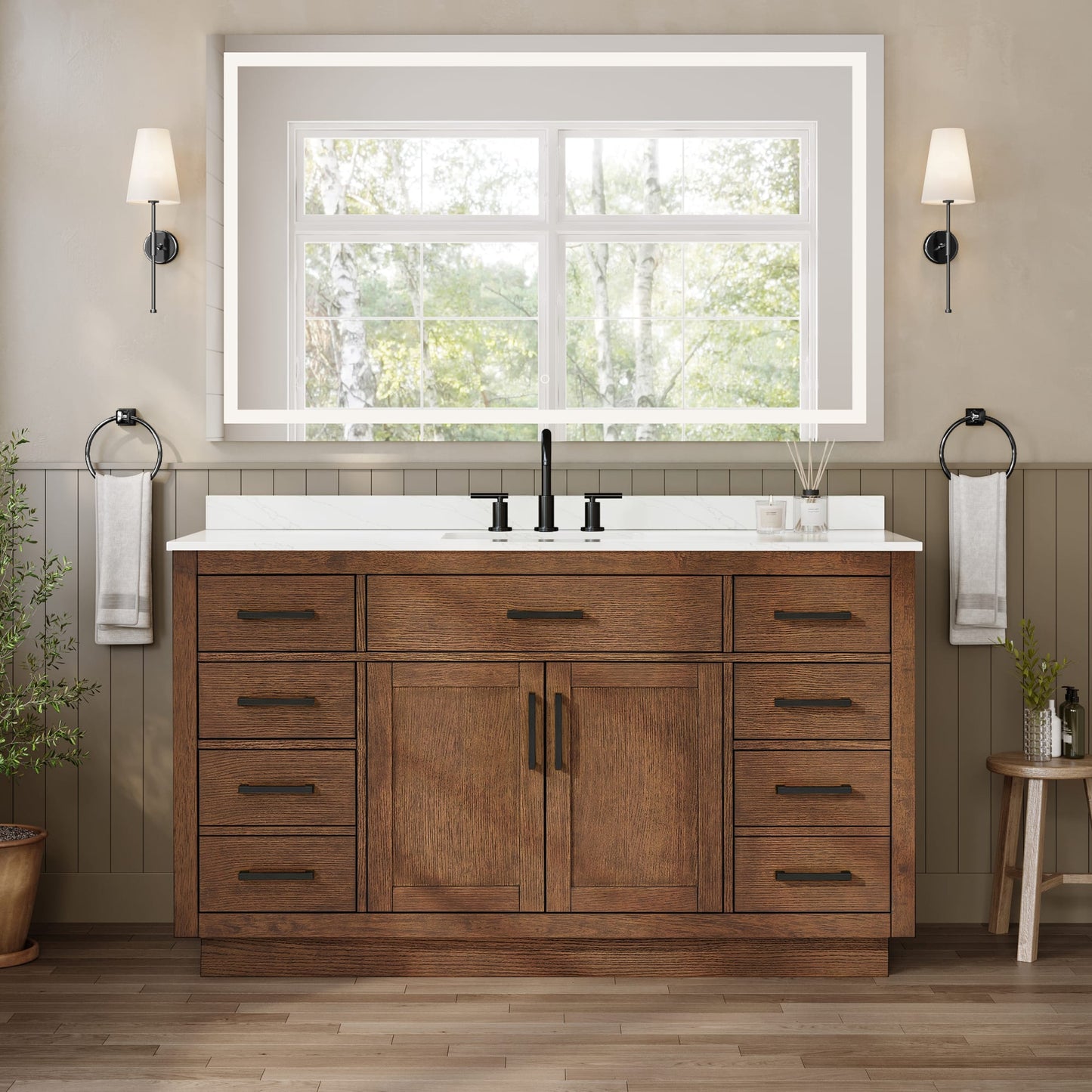 Beckett TK Bathroom Vanity with Countertop 60 inch Single Sink 3-hole Faucet Setup
