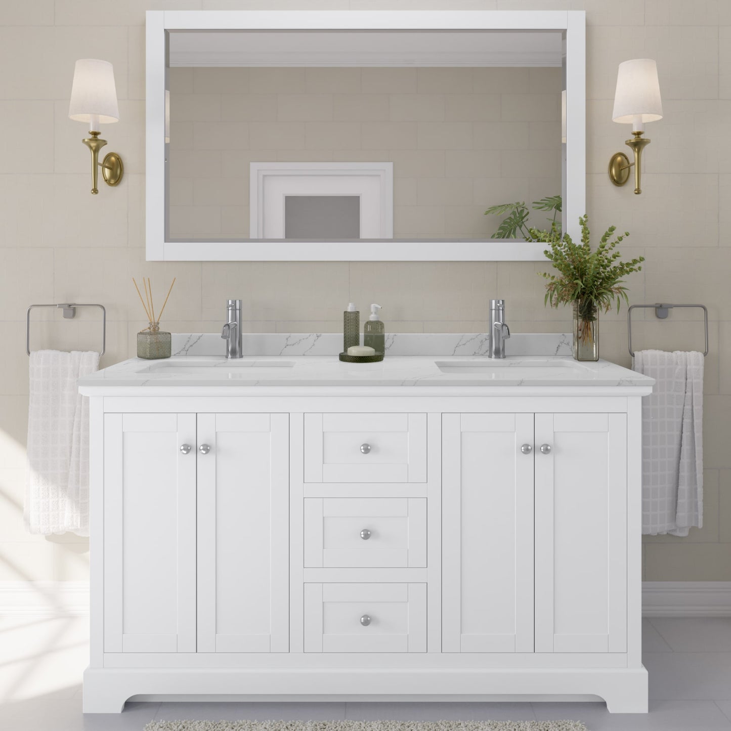 Avery Bathroom Vanity with Countertop 60 inch Double Sink Single hole Faucet Setup