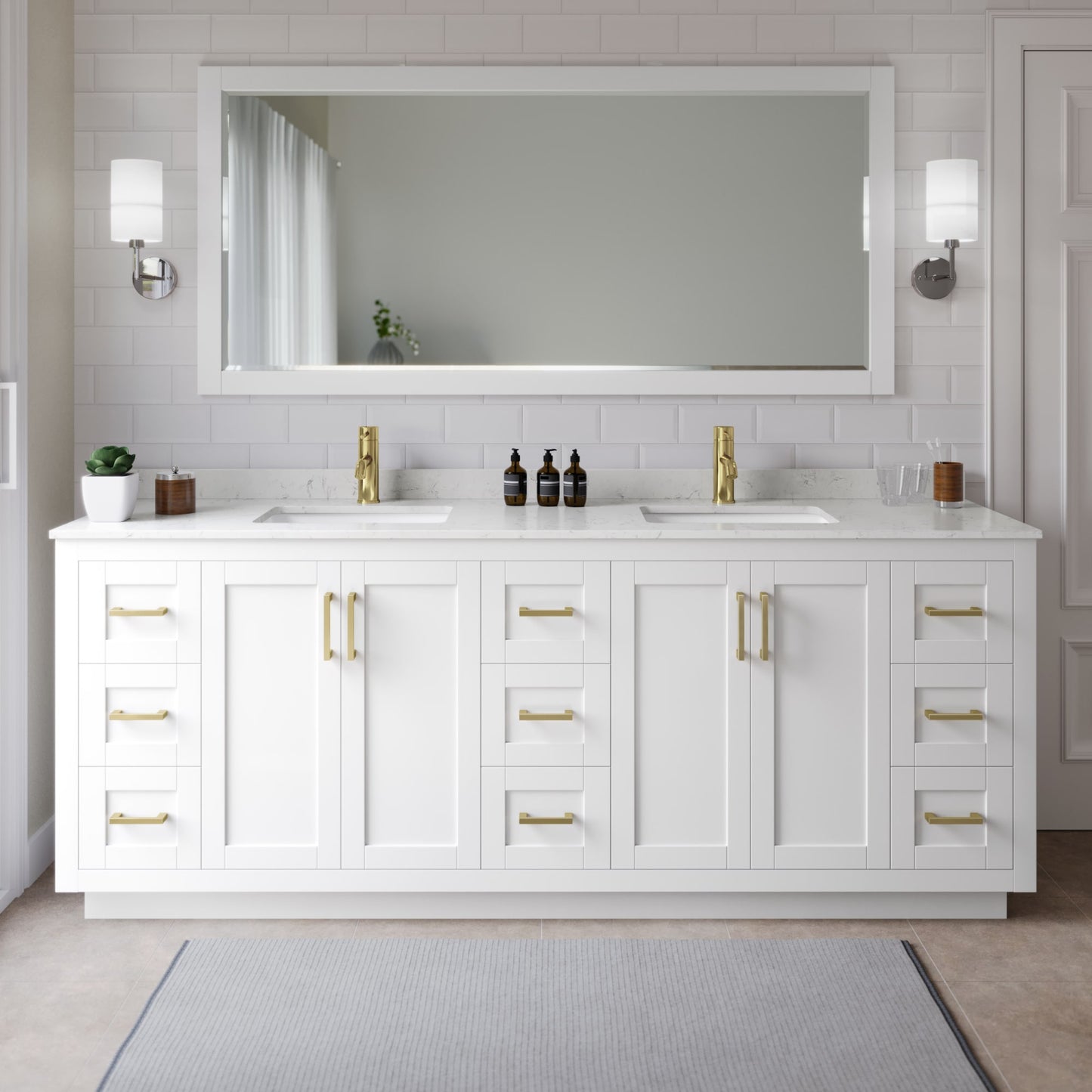 Miranda Bathroom Vanity with Countertop 84 inch Double Sink Single hole Faucet Setup