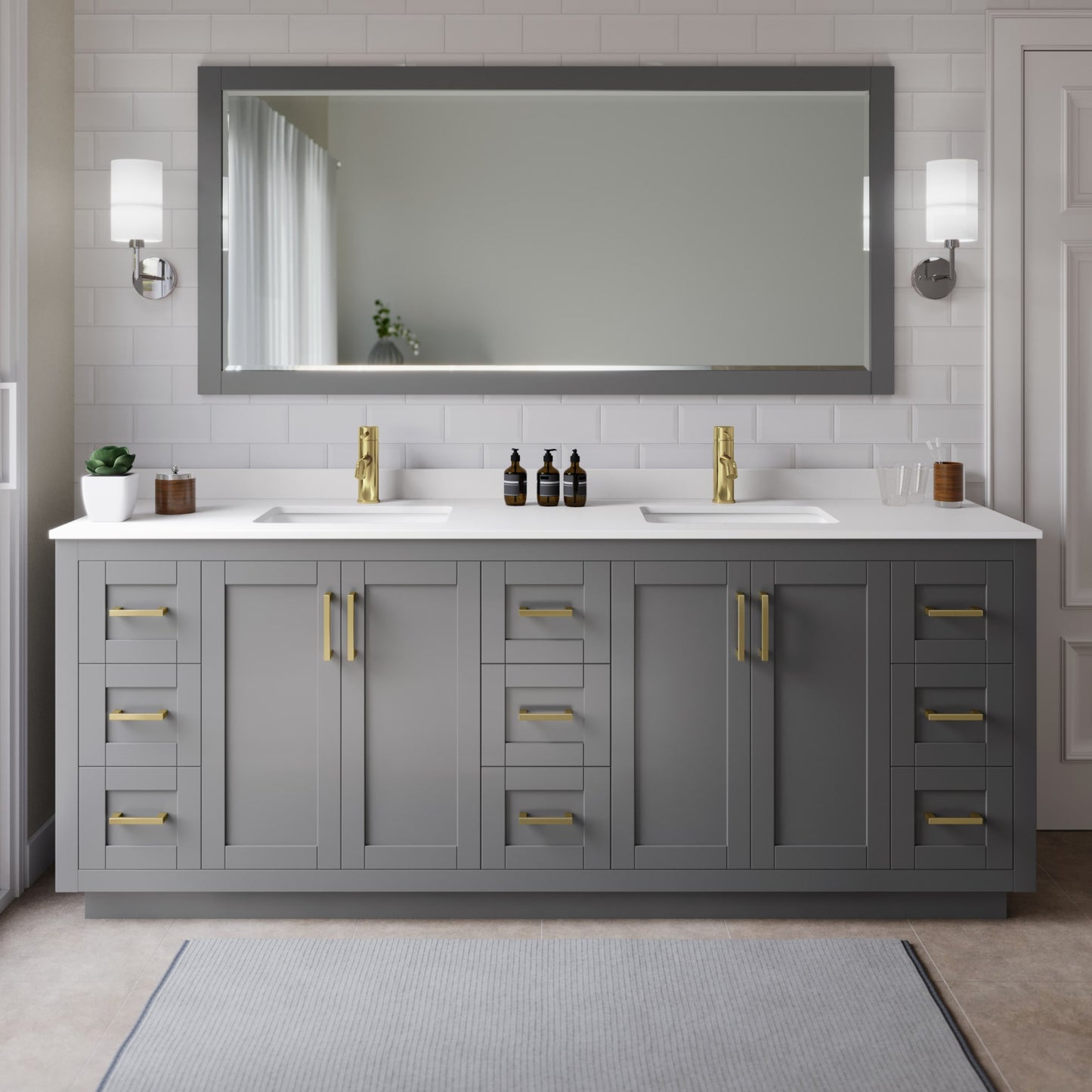 Miranda Bathroom Vanity with Countertop 84 inch Double Sink Single hole Faucet Setup