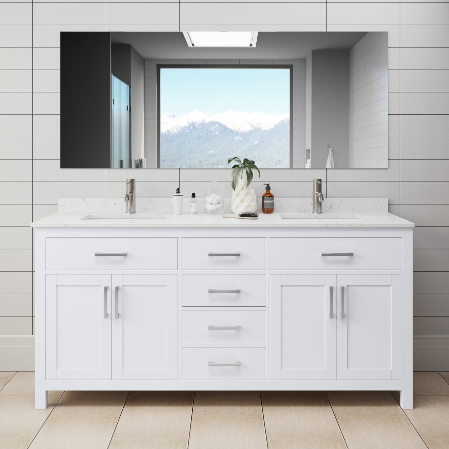 Beckett Bathroom Vanity with Countertop 72 inch Double Sink Single hole Faucet Setup