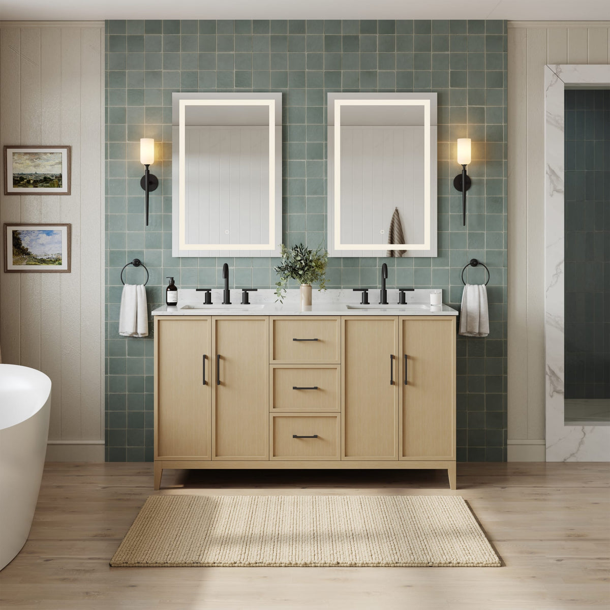 Elan Bathroom Vanity with Countertop 60 inch Double Sink 3-hole Faucet Setup
