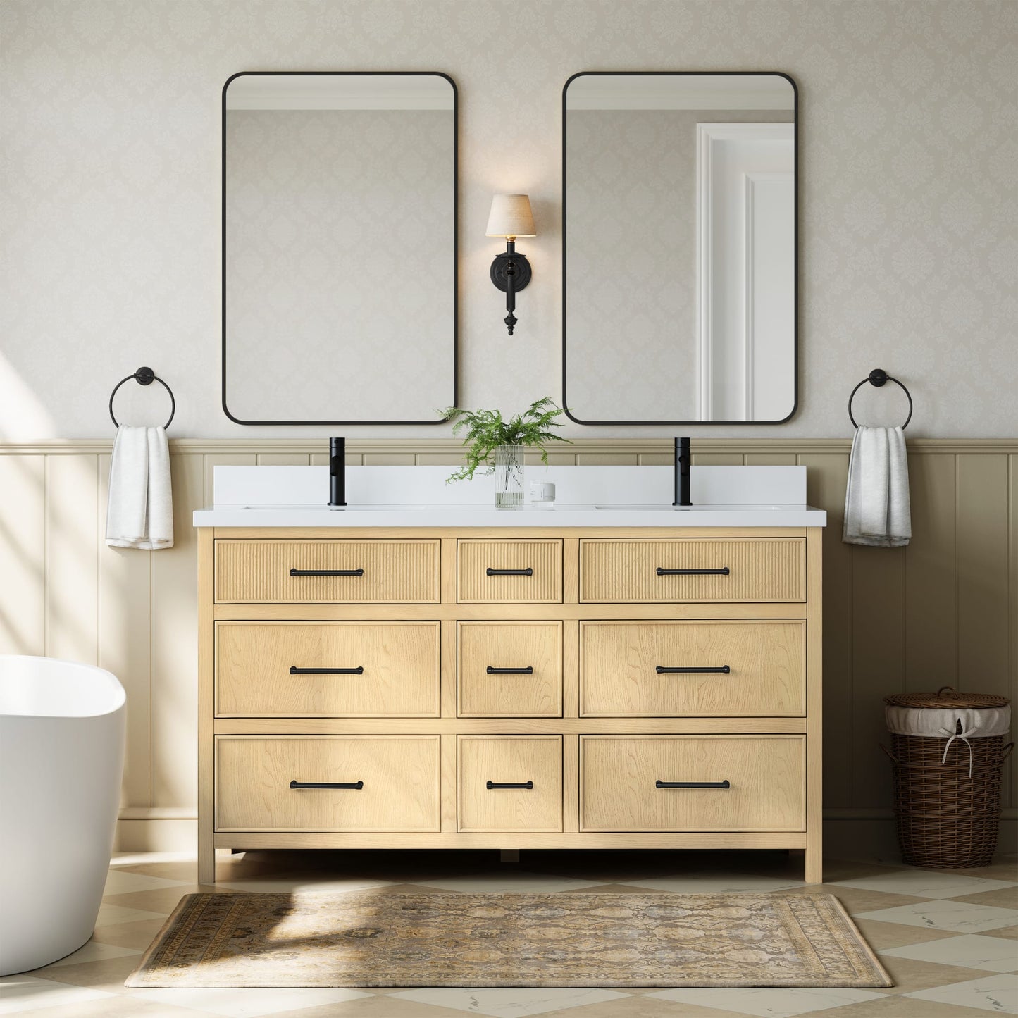 Isola Bathroom Vanity with Countertop 60 inch Double Sink Single hole Faucet Setup