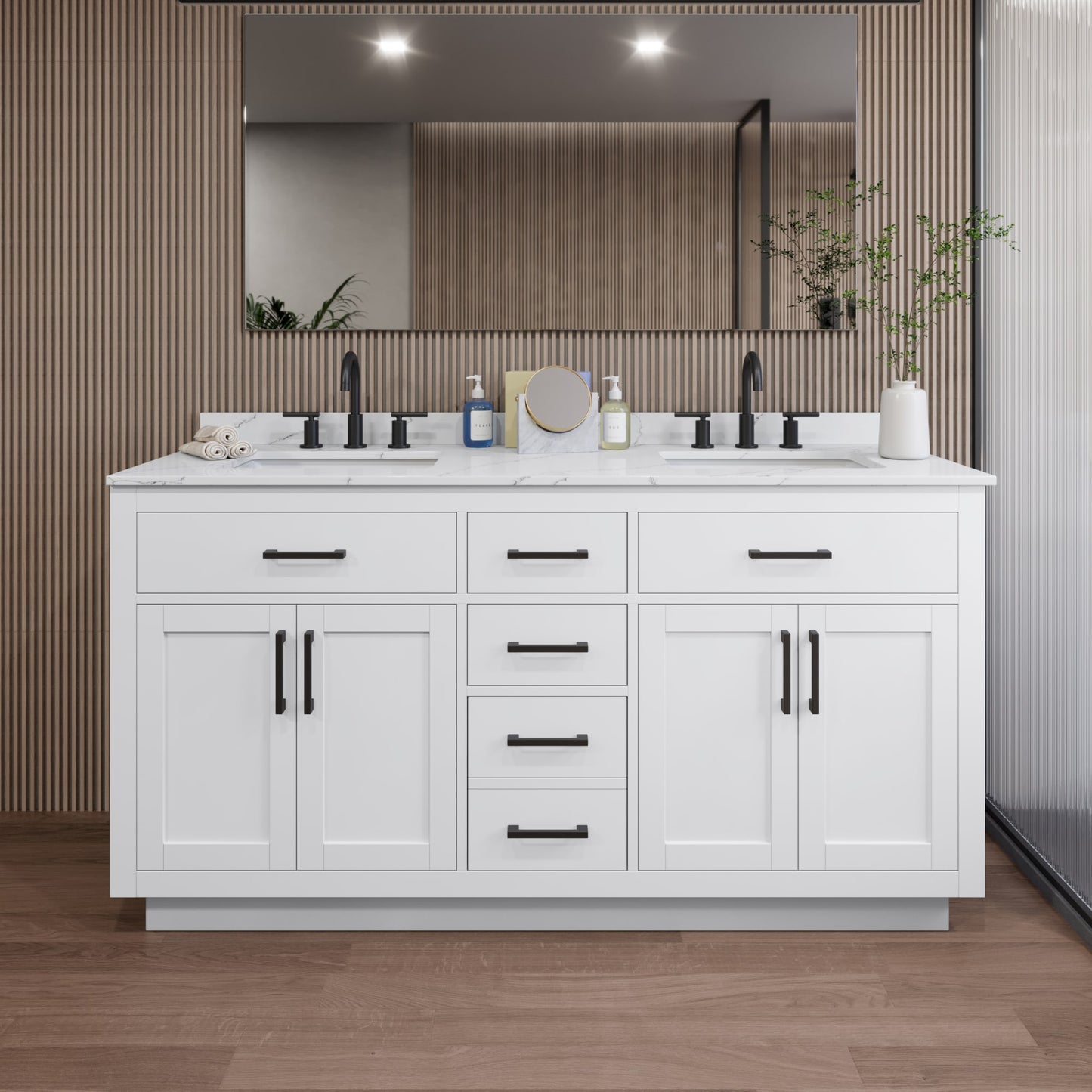 Beckett TK Bathroom Vanity with Countertop 66 inch Double Sink 3-hole Faucet Setup