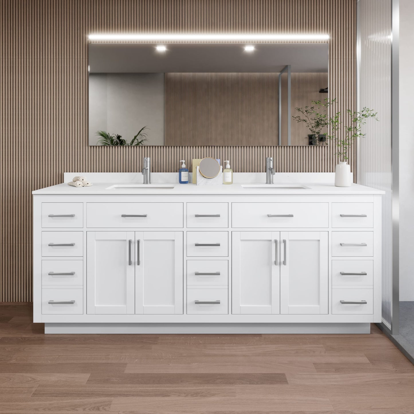 Beckett TK Bathroom Vanity with Countertop 84 inch Double Sink Single hole Faucet Setup