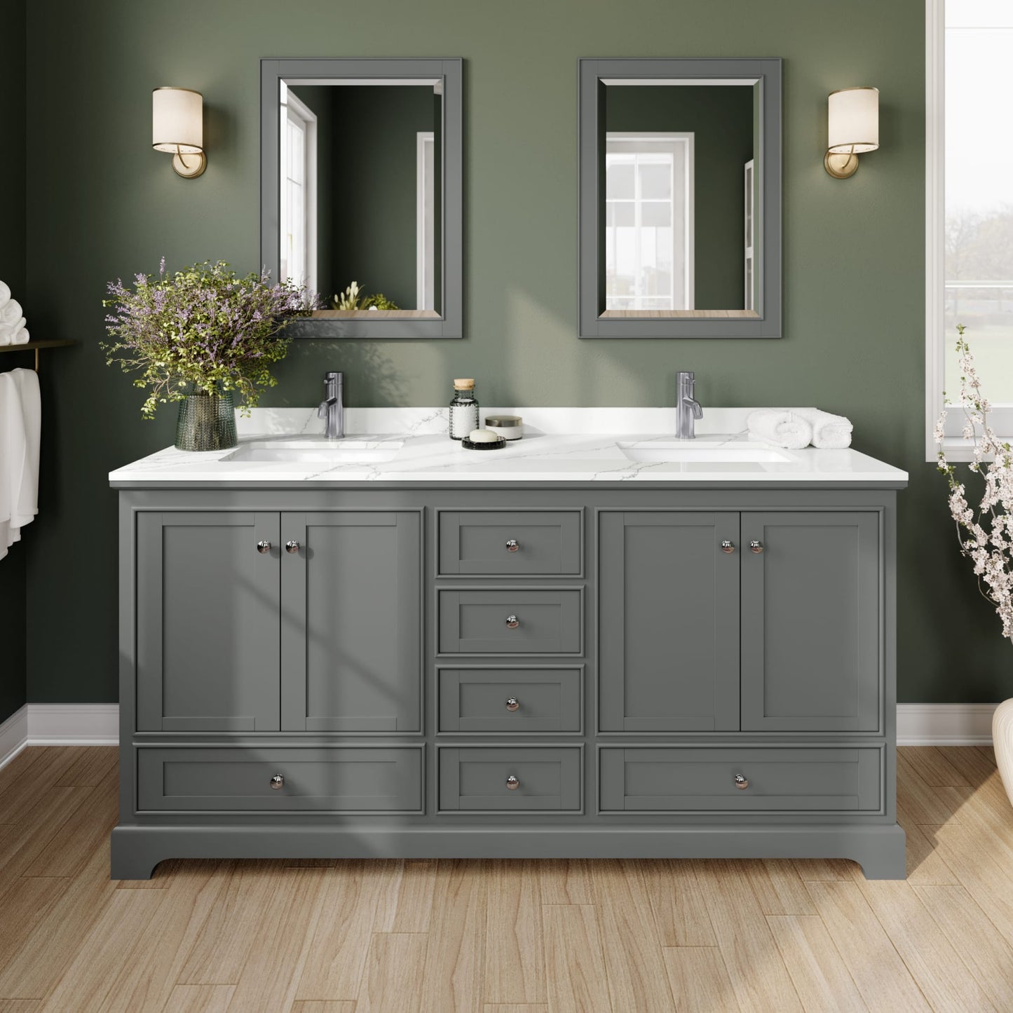 Deborah Bathroom Vanity with Countertop 72 inch Double Sink Single hole Faucet Setup