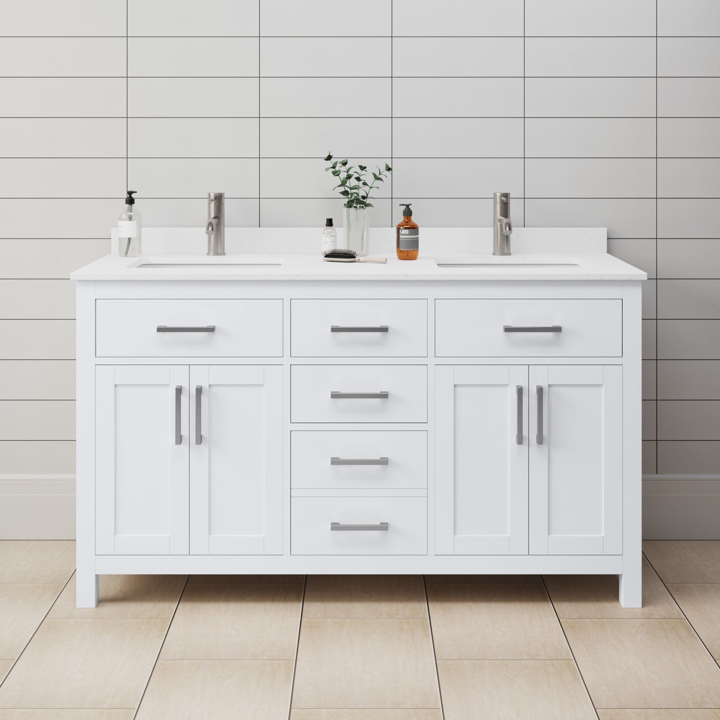 Beckett Bathroom Vanity with Countertop 60 inch Double Sink Single hole Faucet Setup