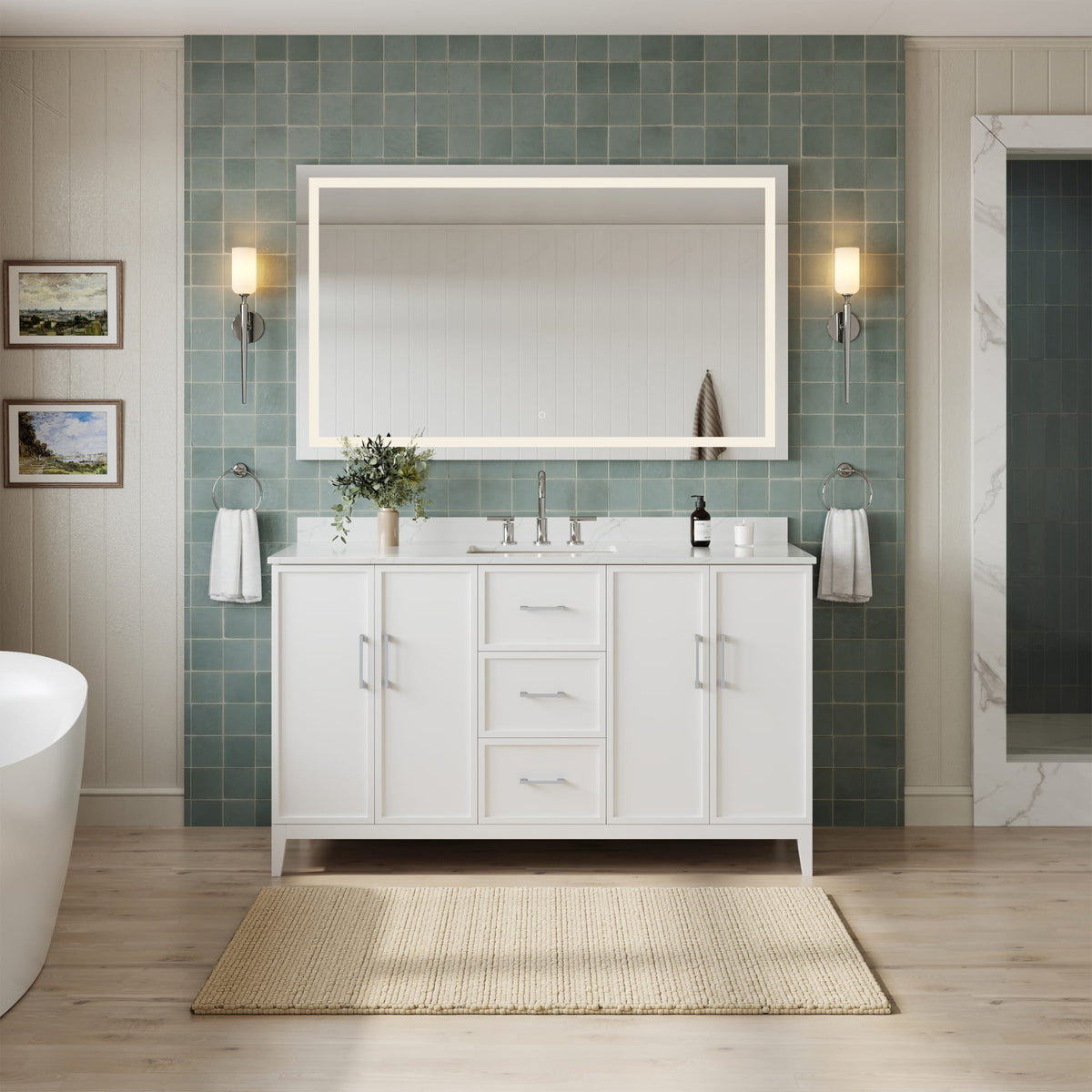 Elan Bathroom Vanity with Countertop 60 inch Single Sink 3-hole Faucet Setup