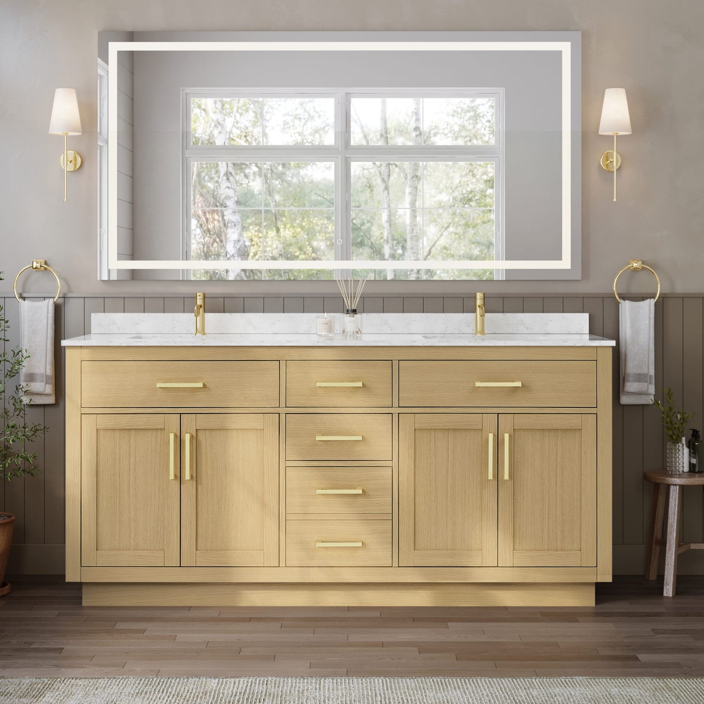 Beckett TK Bathroom Vanity with Countertop 72 inch Double Sink Single hole Faucet Setup