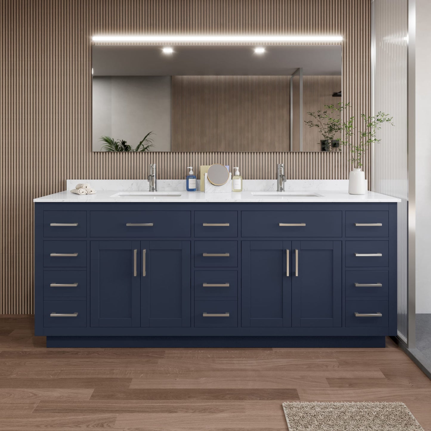 Beckett TK Bathroom Vanity with Countertop 84 inch Double Sink Single hole Faucet Setup