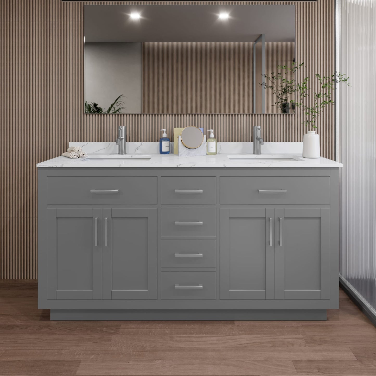 Beckett TK Bathroom Vanity with Countertop 66 inch Double Sink Single hole Faucet Setup