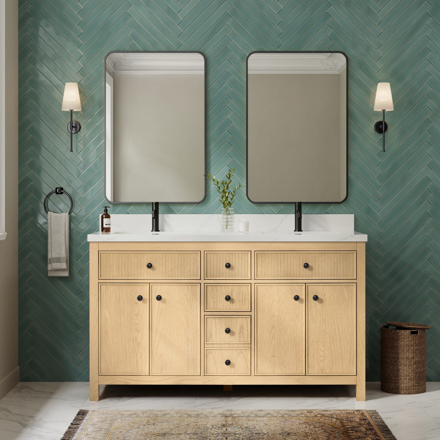 Rian Bathroom Vanity with Countertop 60 inch Double Sink Single hole Faucet Setup