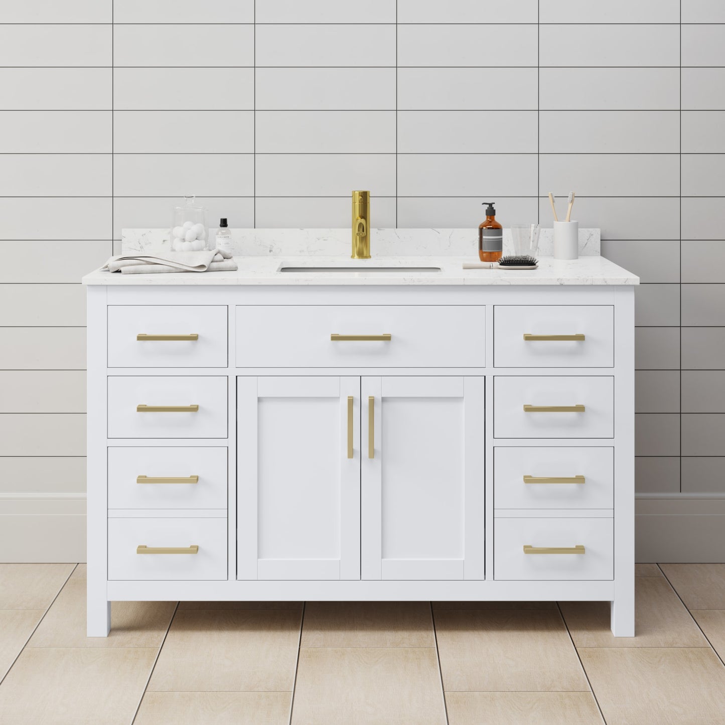 Beckett Bathroom Vanity with Countertop 54 inch Single Sink Single hole Faucet Setup