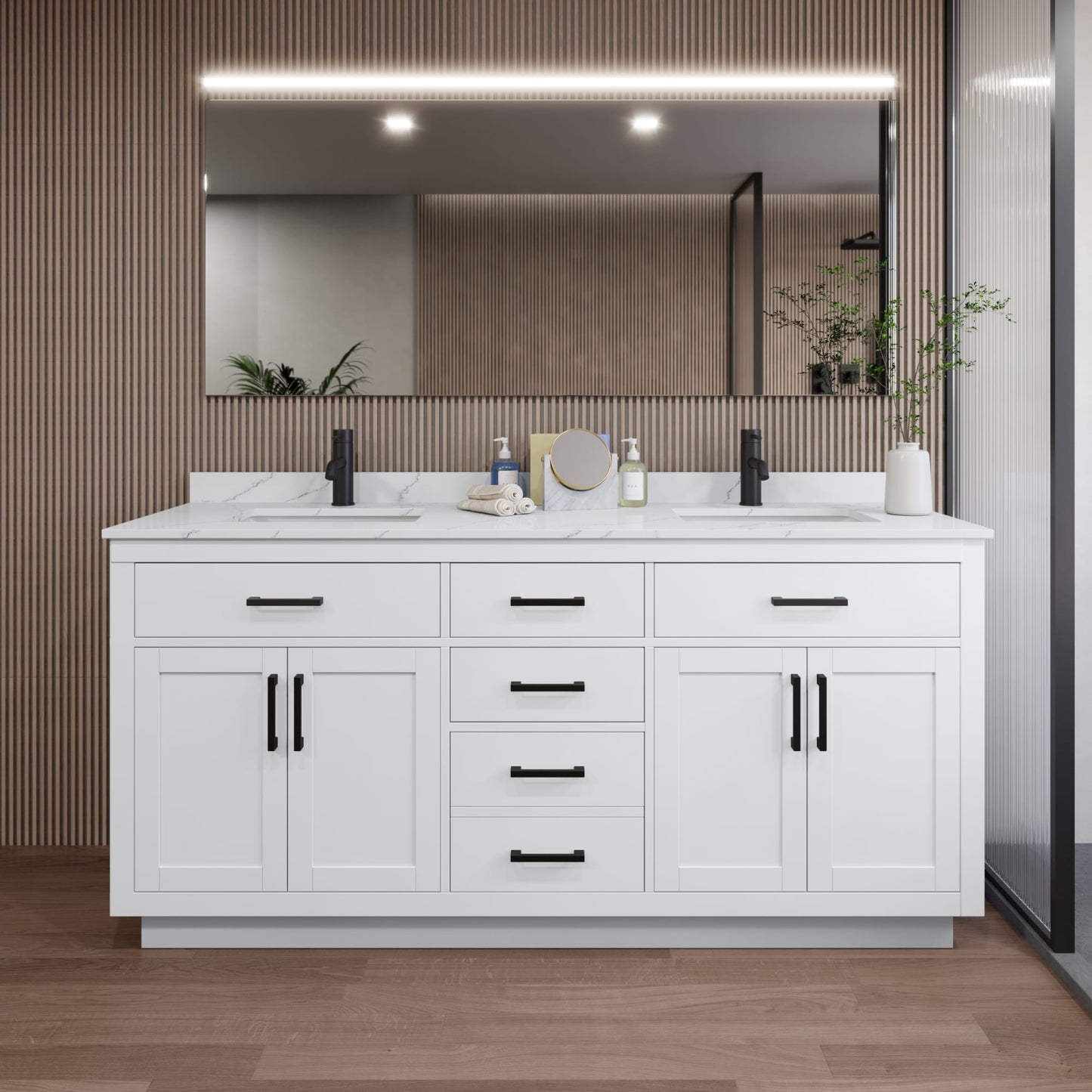 Beckett TK Bathroom Vanity with Countertop 72 inch Double Sink Single hole Faucet Setup