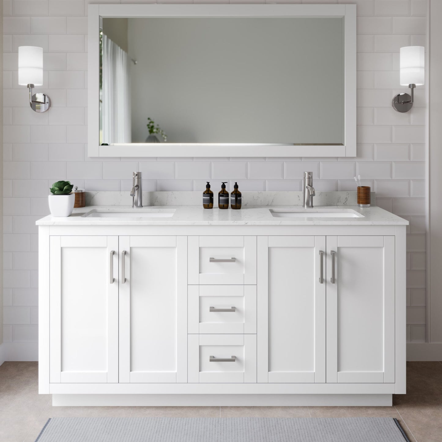 Miranda Bathroom Vanity with Countertop 66 inch Double Sink Single hole Faucet Setup