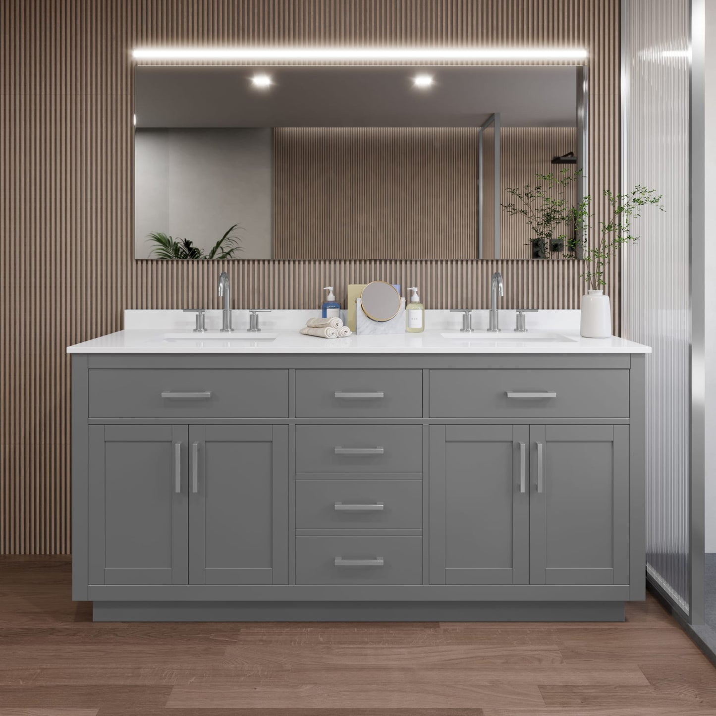 Beckett TK Bathroom Vanity with Countertop 72 inch Double Sink 3-hole Faucet Setup