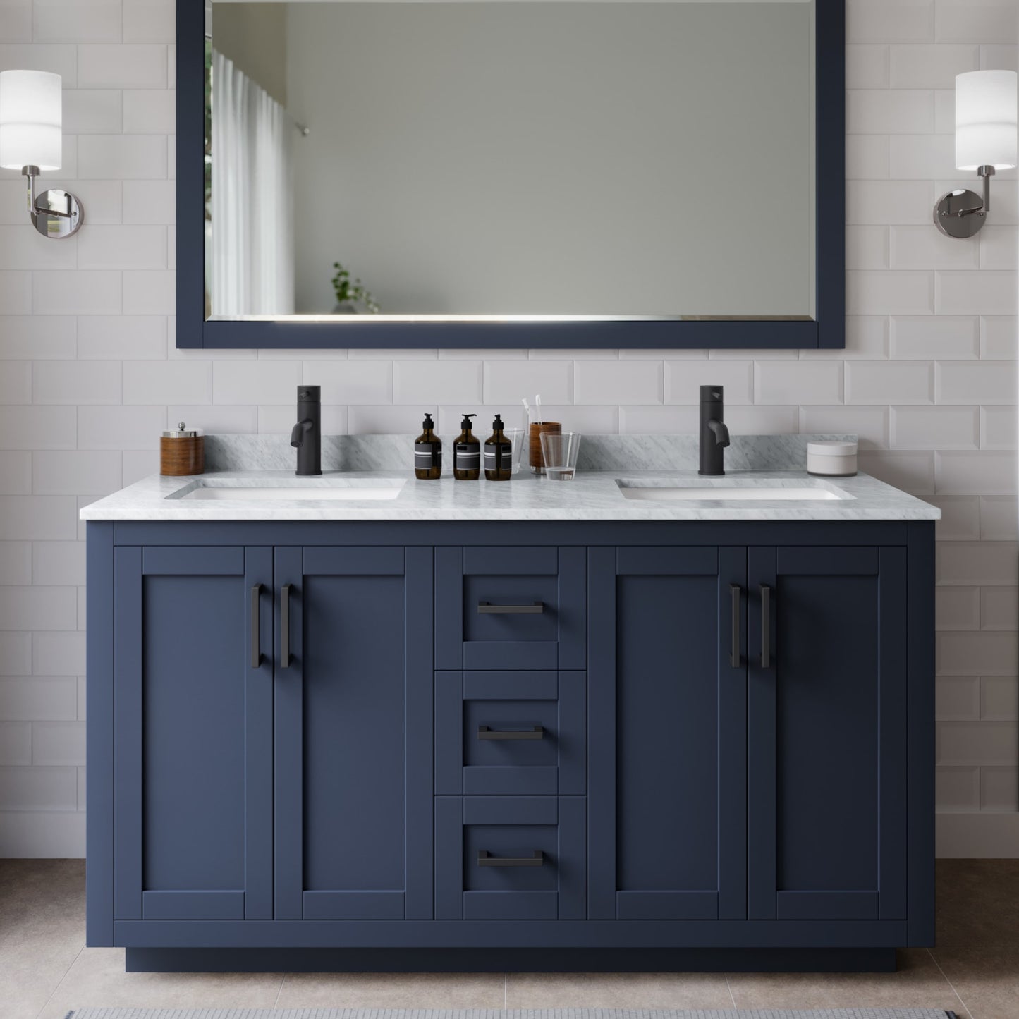 Miranda Bathroom Vanity with Countertop 60 inch Double Sink Single hole Faucet Setup
