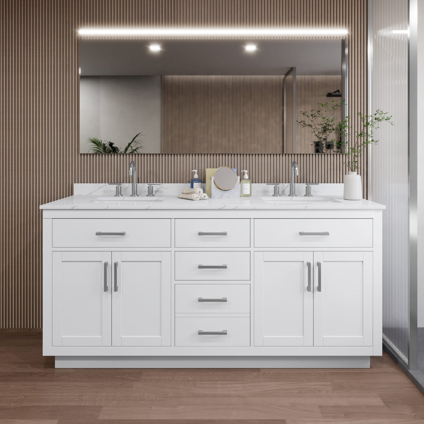 Beckett TK Bathroom Vanity with Countertop 72 inch Double Sink 3-hole Faucet Setup