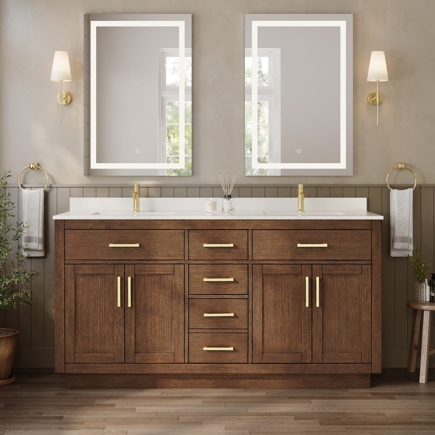 Beckett TK Bathroom Vanity with Countertop 66 inch Double Sink Single hole Faucet Setup