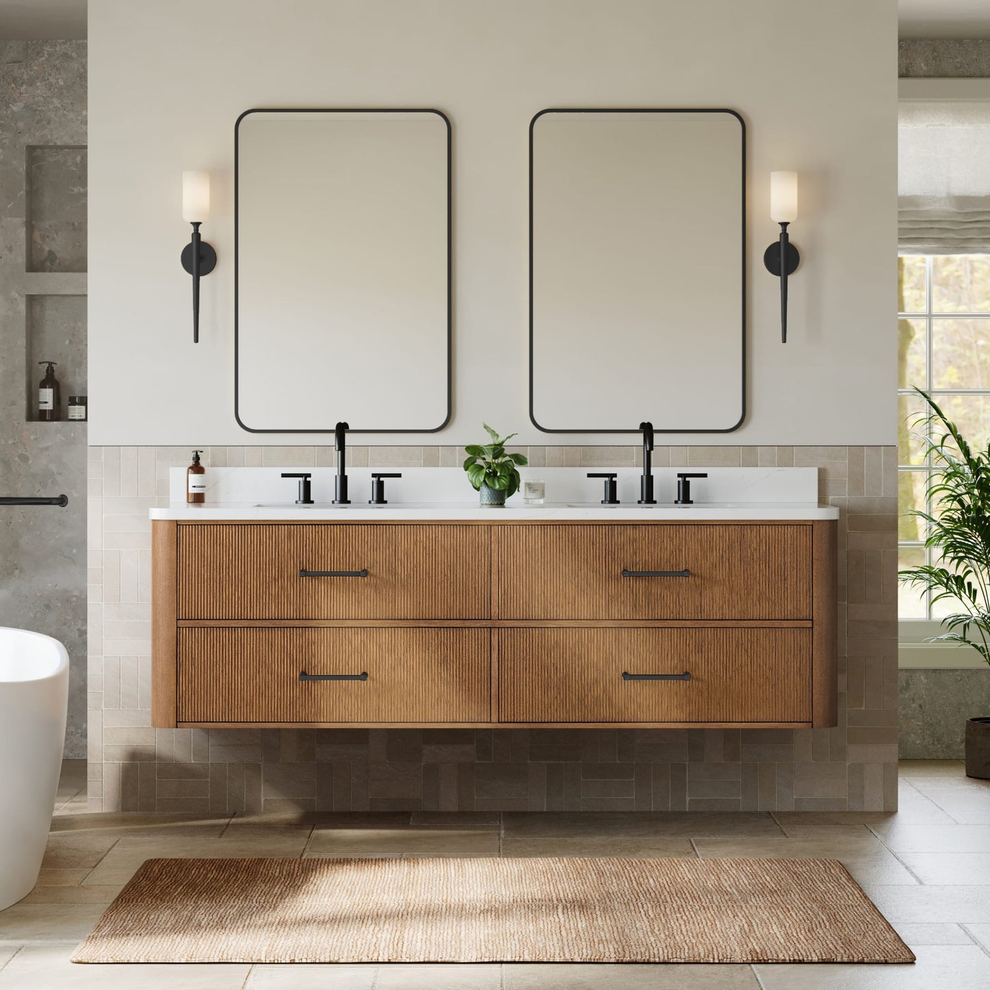 Francesca WM Wall Mounted Bathroom Vanity with Countertop 72 inch Double Sink 3-hole Faucet Setup