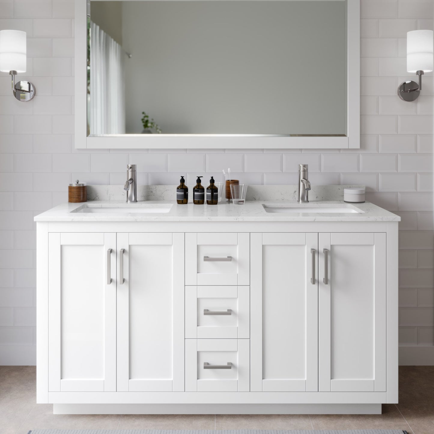 Miranda Bathroom Vanity with Countertop 60 inch Double Sink Single hole Faucet Setup