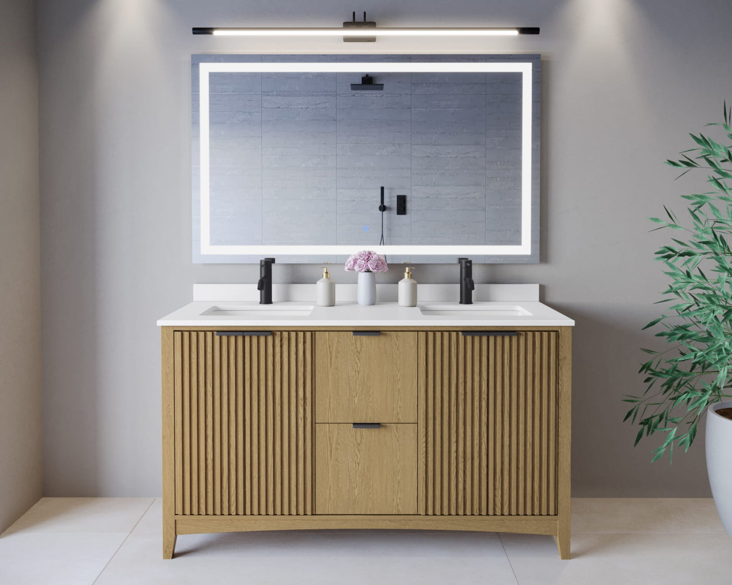 Palmilla Bathroom Vanity with Countertop 60 inch Double Sink Single hole Faucet Setup
