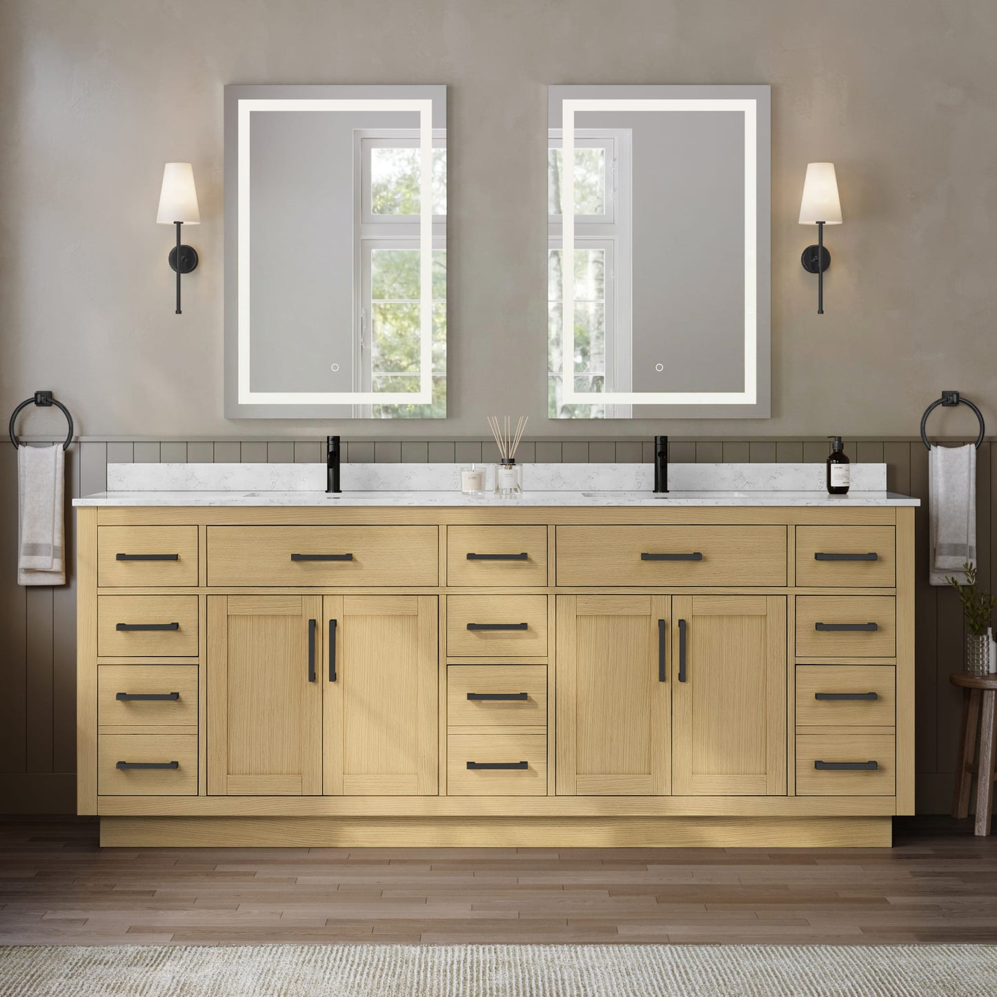 Beckett TK Bathroom Vanity with Countertop 84 inch Double Sink Single hole Faucet Setup