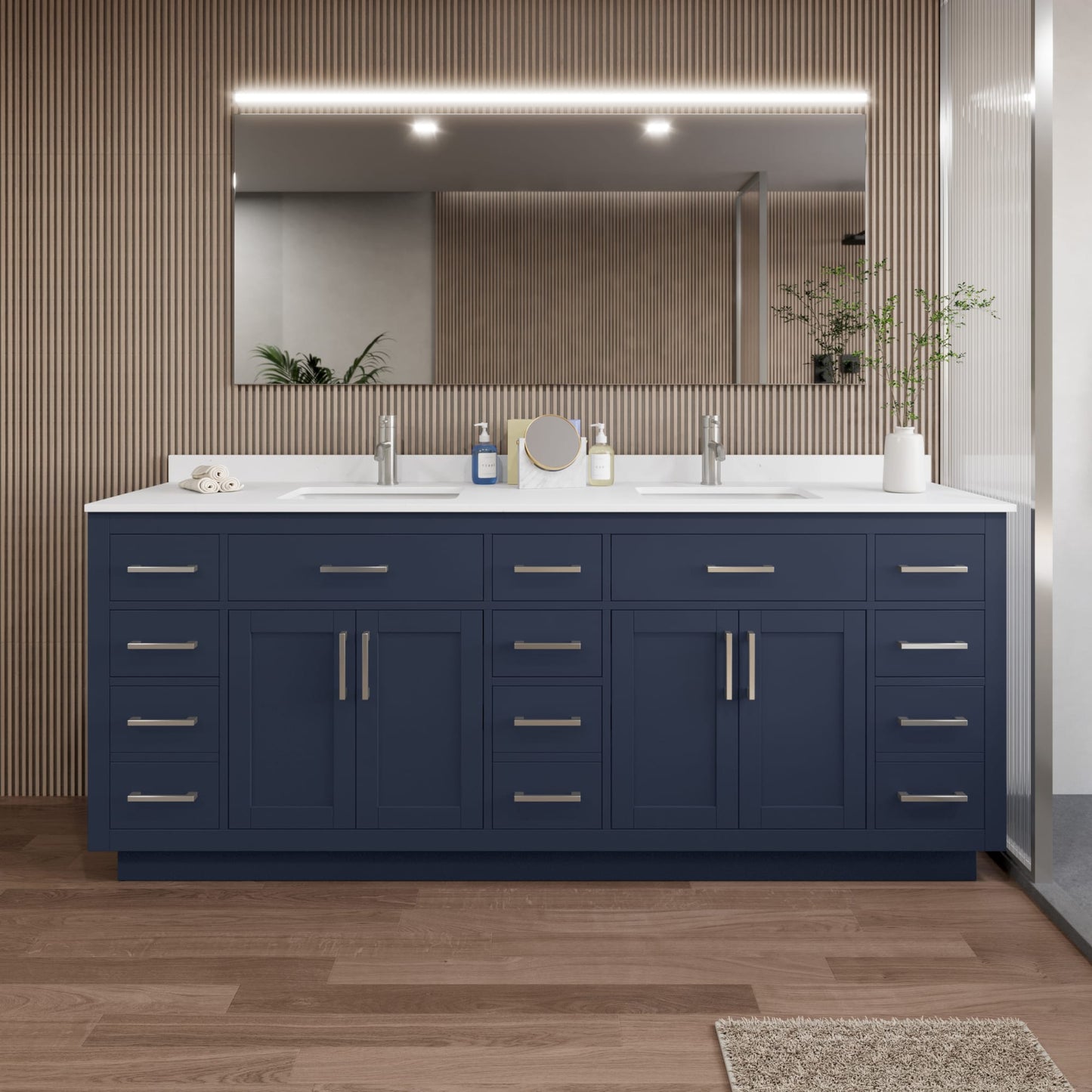 Beckett TK Bathroom Vanity with Countertop 84 inch Double Sink Single hole Faucet Setup