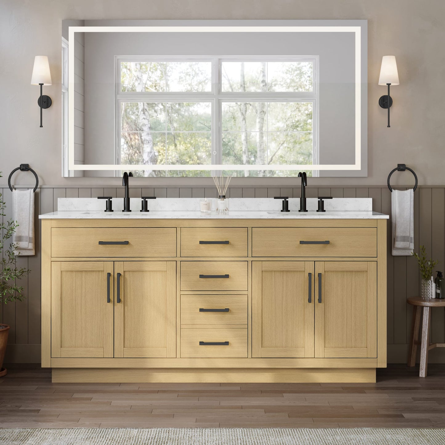 Beckett TK Bathroom Vanity with Countertop 72 inch Double Sink 3-hole Faucet Setup