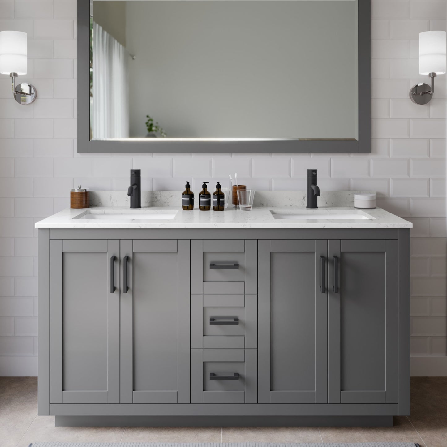 Miranda Bathroom Vanity with Countertop 60 inch Double Sink Single hole Faucet Setup