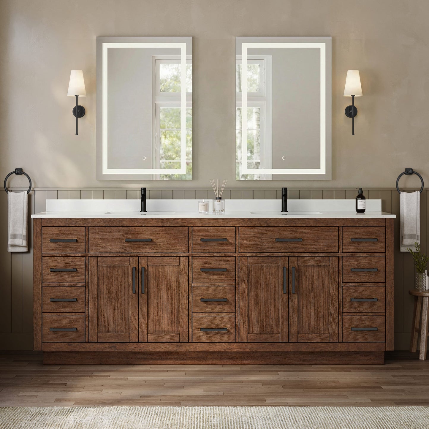 Beckett TK Bathroom Vanity with Countertop 84 inch Double Sink Single hole Faucet Setup