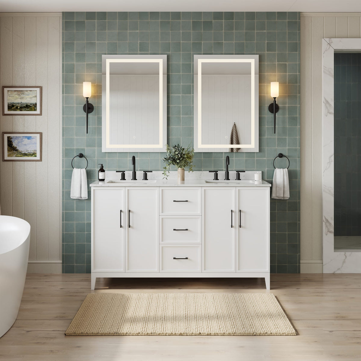 Elan Bathroom Vanity with Countertop 60 inch Double Sink 3-hole Faucet Setup