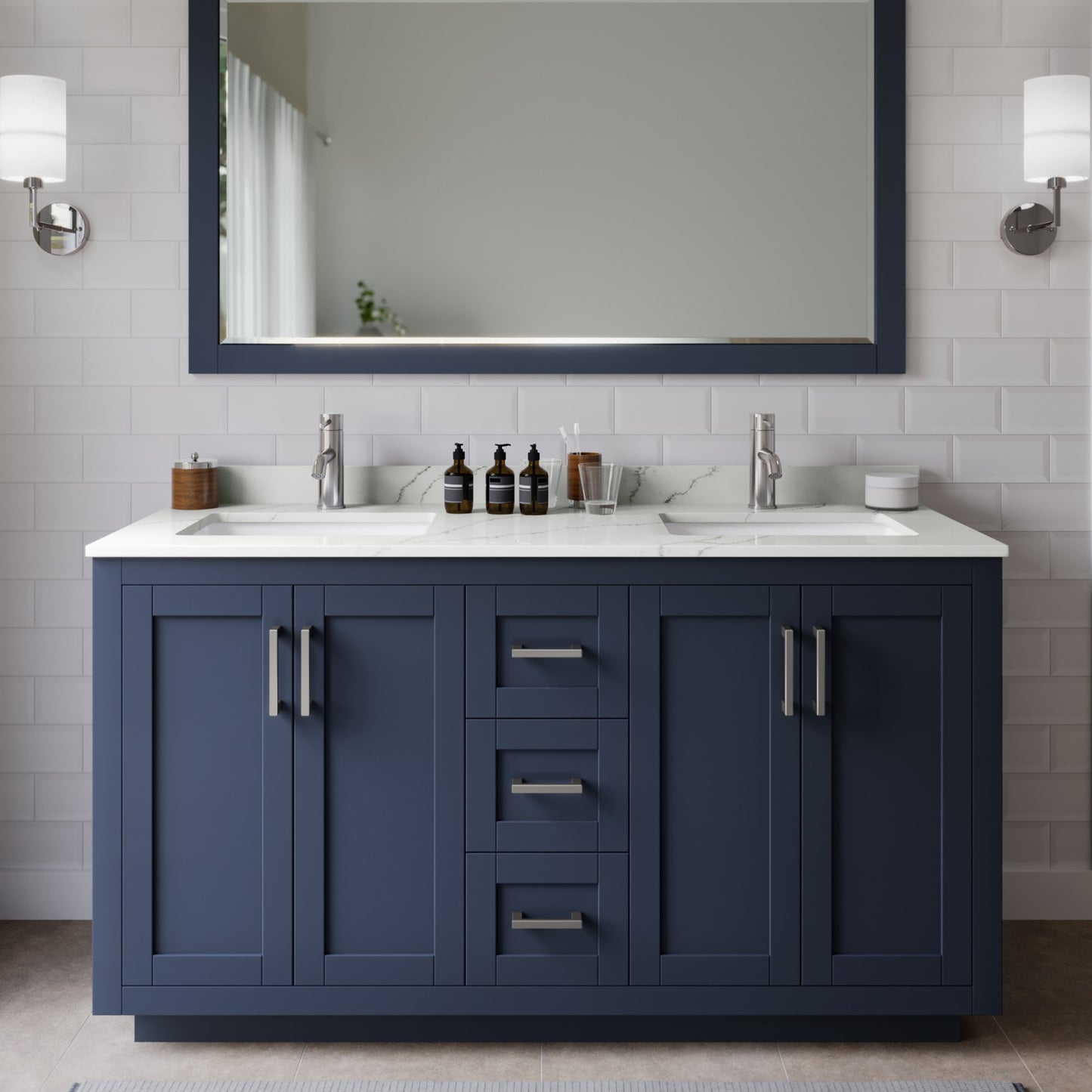 Miranda Bathroom Vanity with Countertop 60 inch Double Sink Single hole Faucet Setup