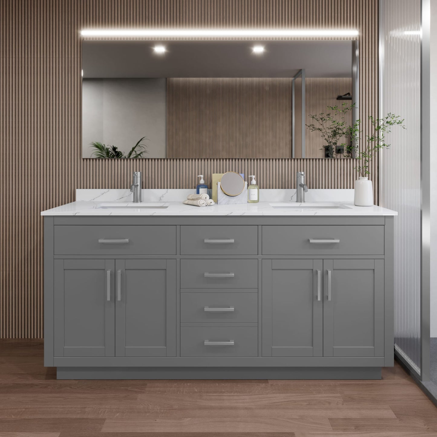 Beckett TK Bathroom Vanity with Countertop 72 inch Double Sink Single hole Faucet Setup