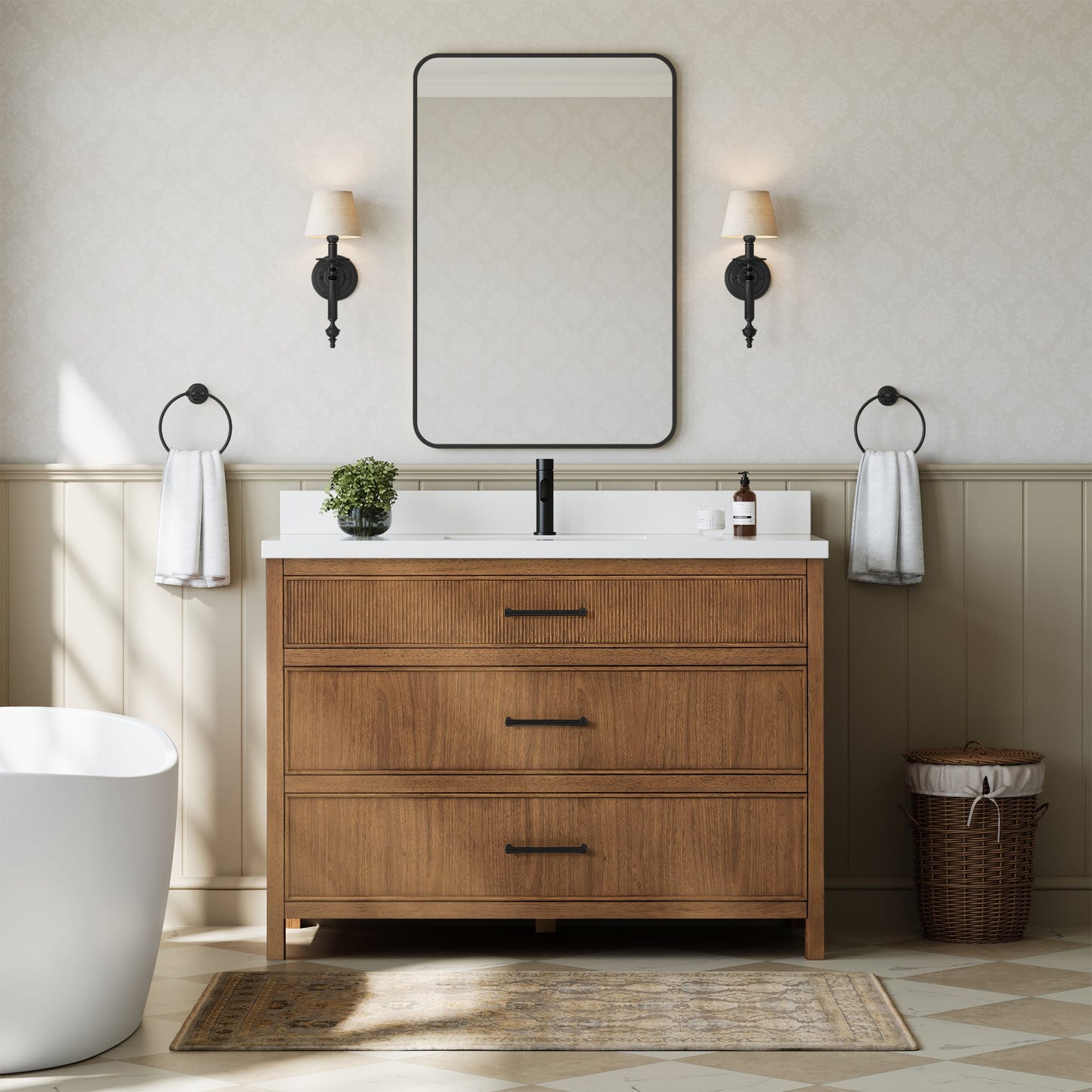 Isola Bathroom Vanity with Countertop 48 inch Single Sink Single hole Faucet Setup