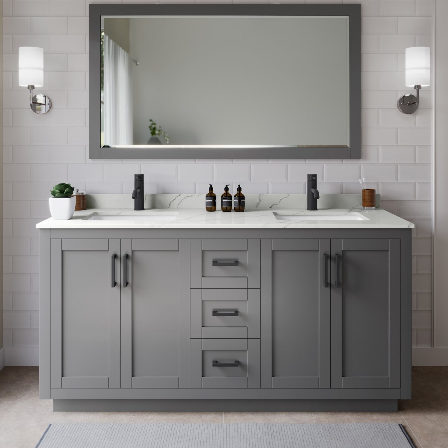 Miranda Bathroom Vanity with Countertop 66 inch Double Sink Single hole Faucet Setup