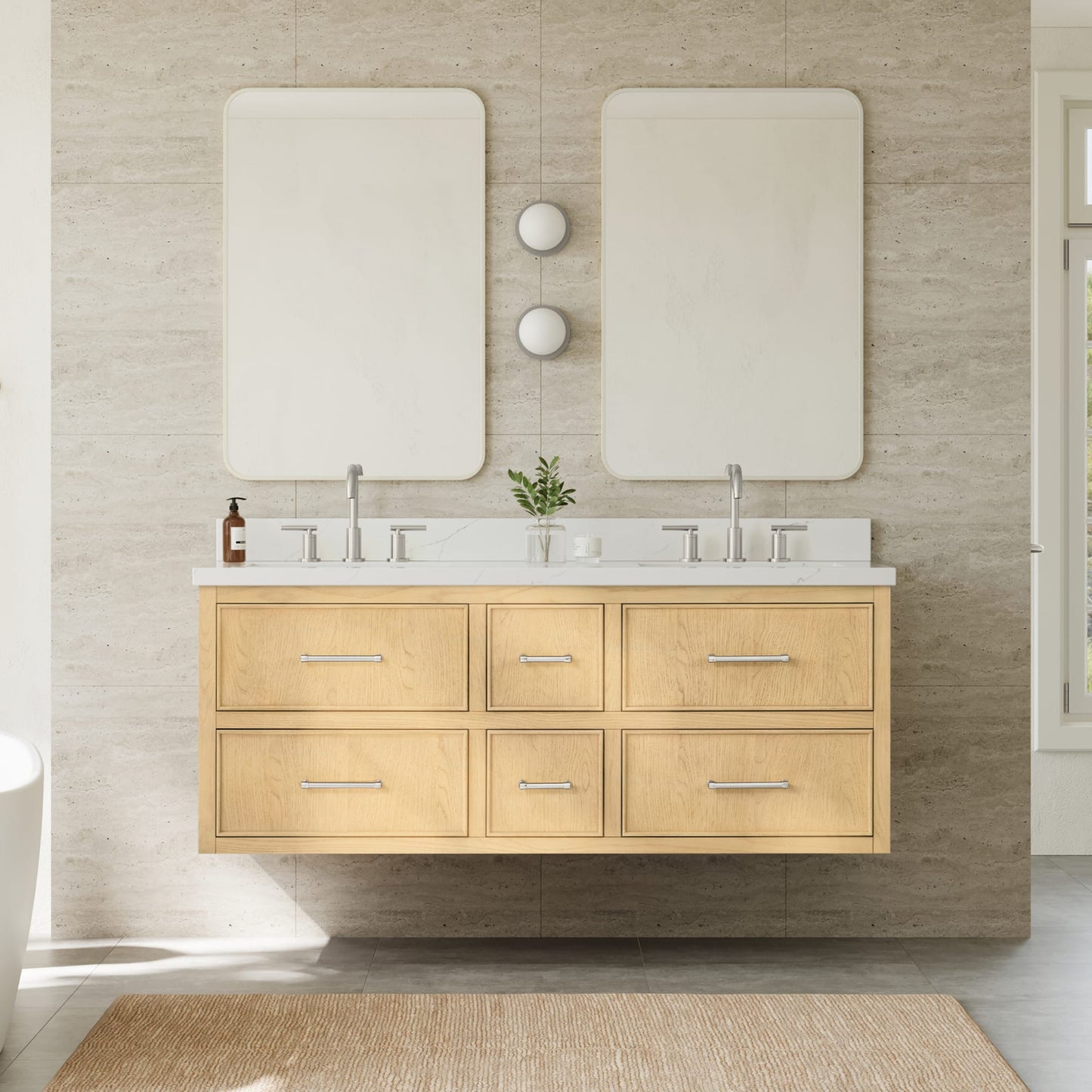 Isola WM Wall Mounted Bathroom Vanity with Countertop 60 inch Double Sink 3-hole Faucet Setup
