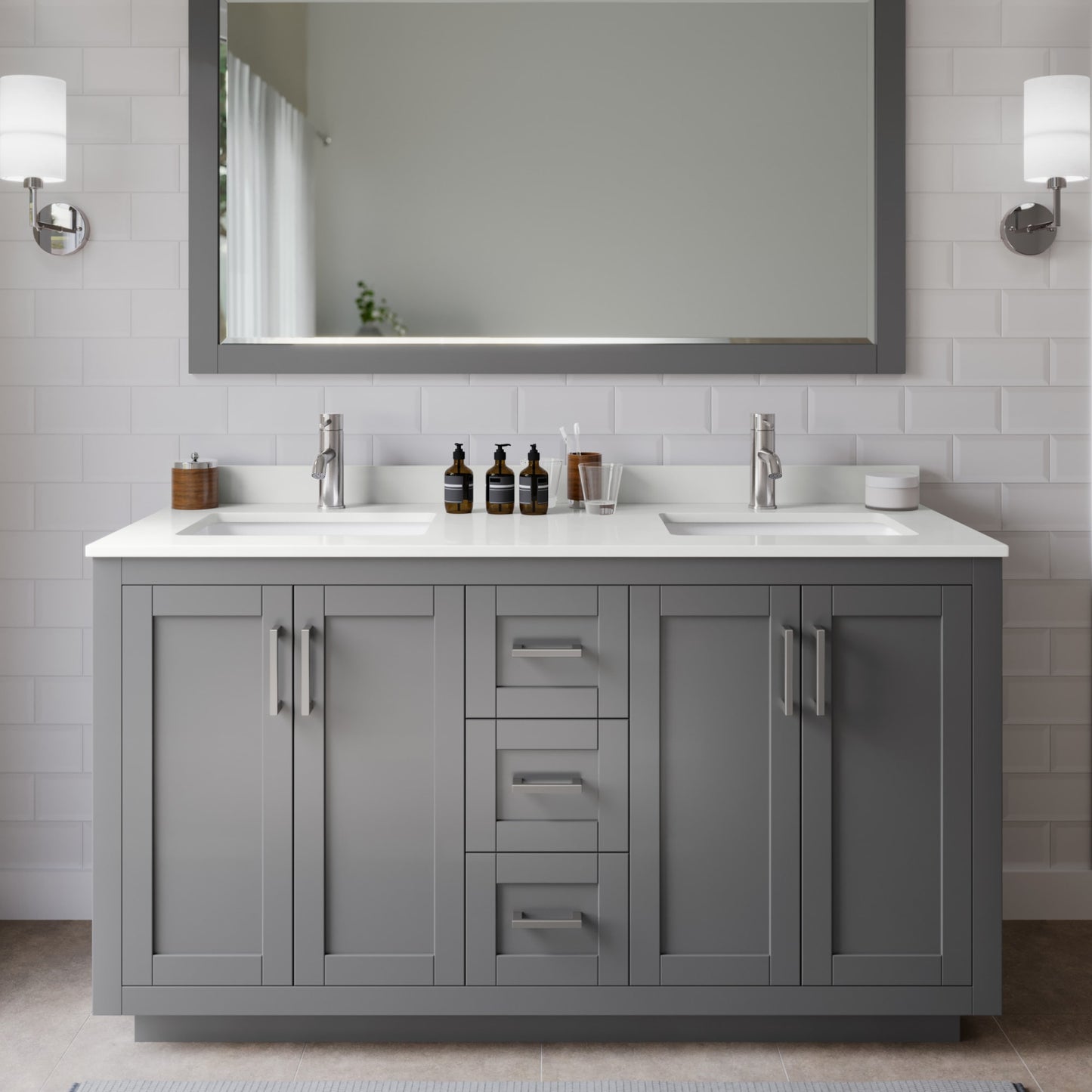 Miranda Bathroom Vanity with Countertop 60 inch Double Sink Single hole Faucet Setup